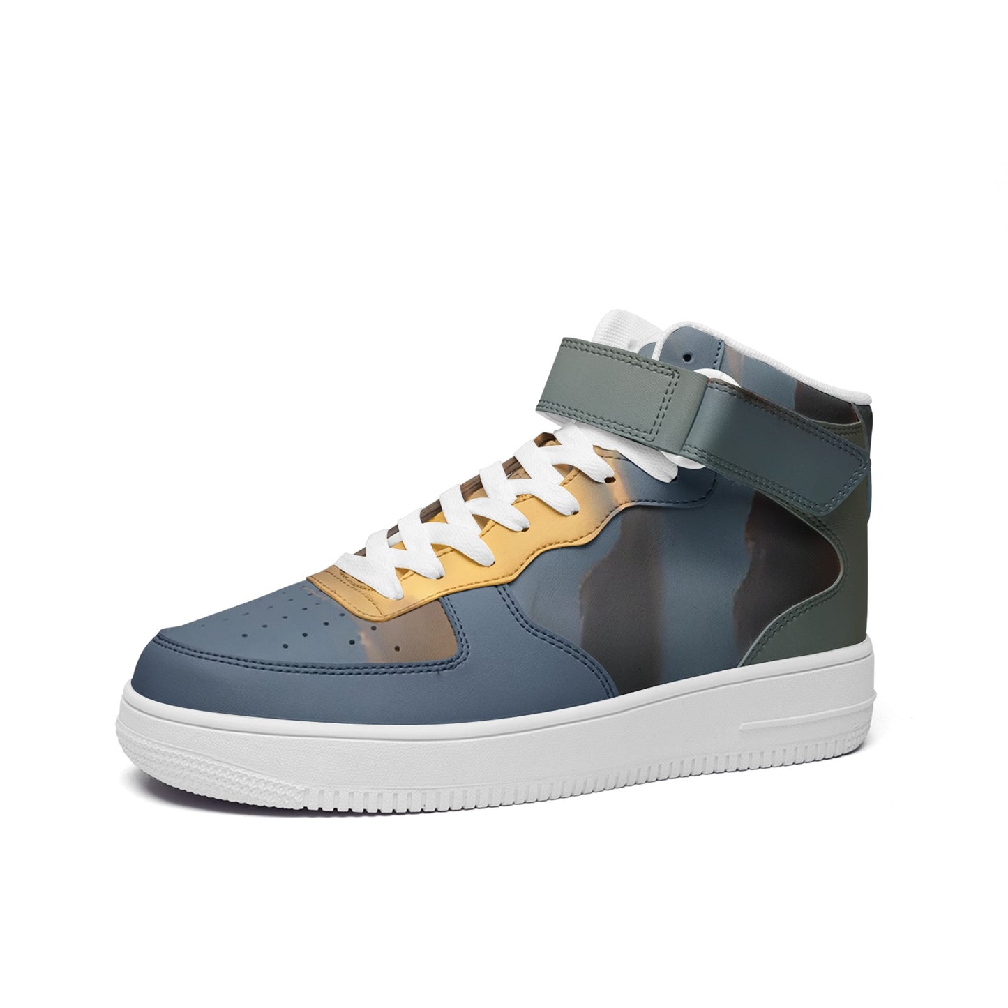 Waking up to peaceful tranquility. SunWhys Unisex high Top Leather Sneakers