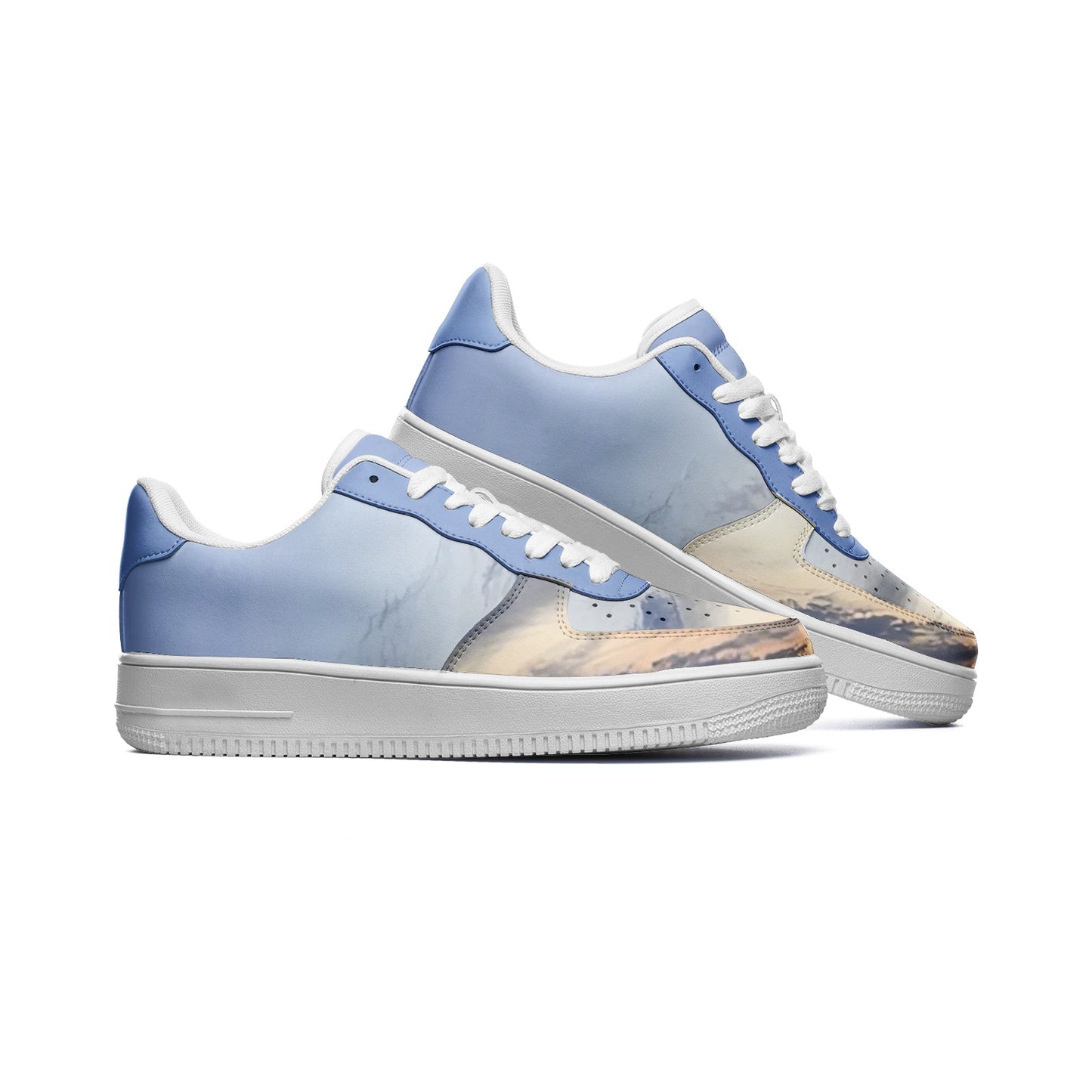 Embracing the tranquility of morning. SunWhys Unisex Low Top Leather Sneakers