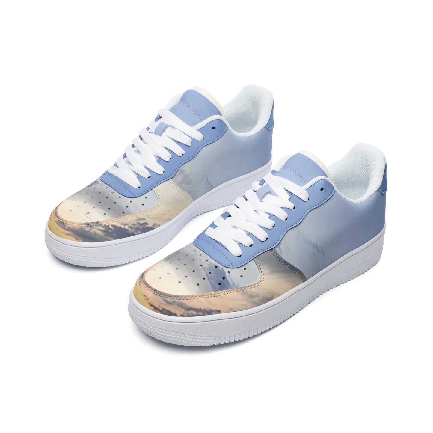 Embracing the tranquility of morning. SunWhys Unisex Low Top Leather Sneakers